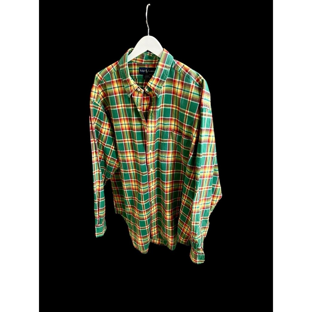 Ralph Lauren XXL Blake Long Sleeve Button‎ Up Plaid Green Orange 100% Cotton